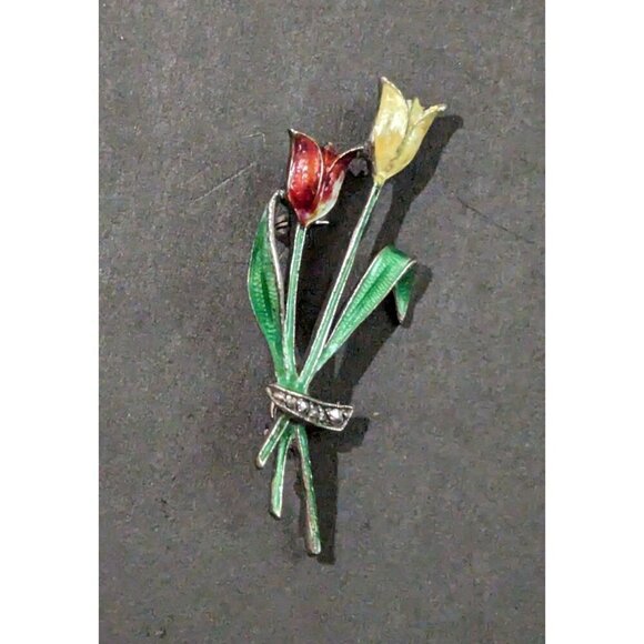 Art deco enamel and marcasite tulip brooch 835silver floral 2 inch - Picture 1 of 10